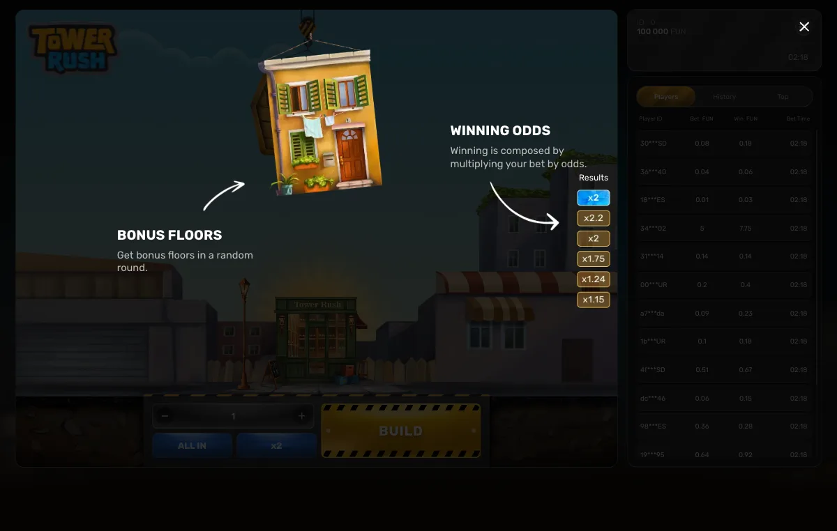 The official Galaxsys Tower Rush demo running in a browser tab with a play balance and no installation